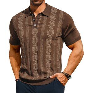 Men's Coffee Vintage Polo Shirts Casual Pattern Knit Golf Polo Shirts